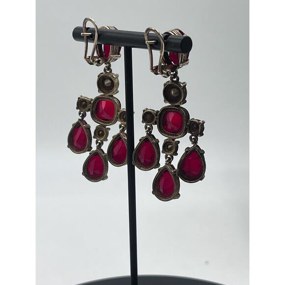 Beautiful Vintage Signed Red Clear Rhinestone Chandelier Clip On Earrings - Picture 5 of 16